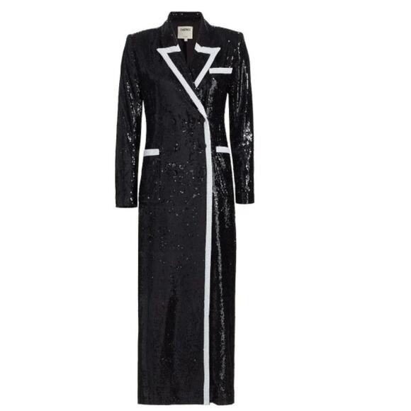 L'AGENCE Marlowe Sequined Trimmed Long Coat Black Silver Size 4 - Picture 1 of 13